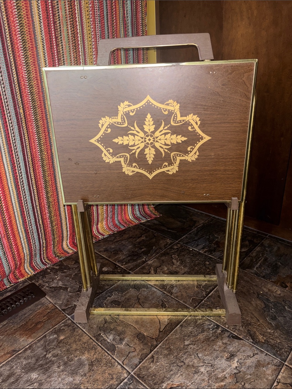 Mid-Century Folding Side Table Set in Woodgrain with Gold Accents